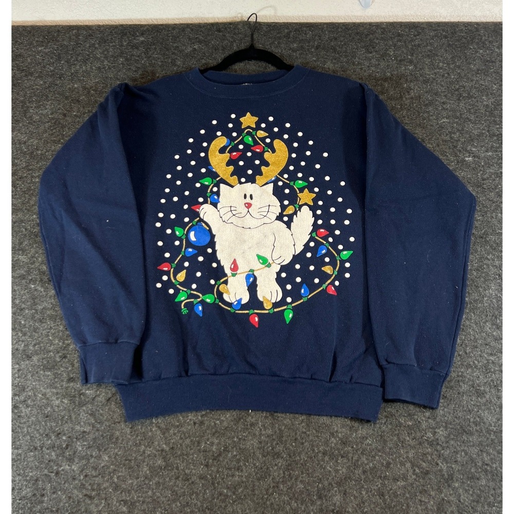 Vintage Christmas Cat Reindeer Antlers Sweatshirt Navy Blue Womens Medium USA